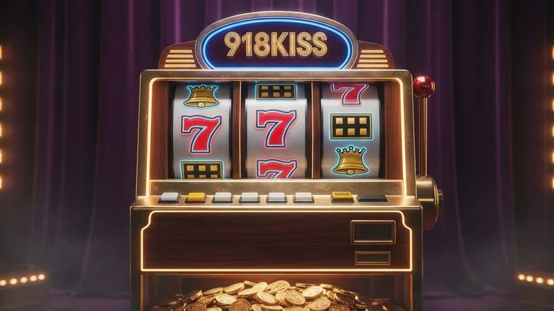 Moody classic 918Kiss online slot reels with lucky 7s, bars and bells on deep purple velvet casino background with soft neon glow