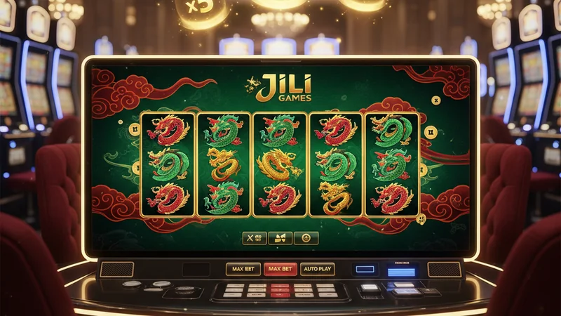 JILI Games Asian slot machine with vibrant dragon bonus symbols, golden multipliers, and fast-paced mobile casino interface