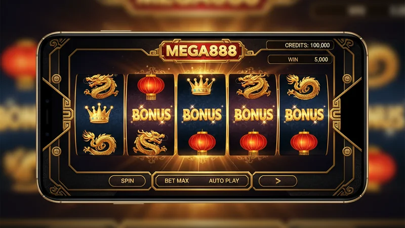 Vibrant Mega888 mobile casino slot interface with spinning reels showing golden dragons, lucky coins, lanterns, bonus symbols