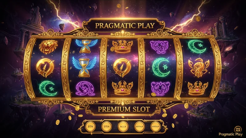 High-end Pragmatic Play video slot with golden reels, glowing symbols, and an epic purple and gold celestial background